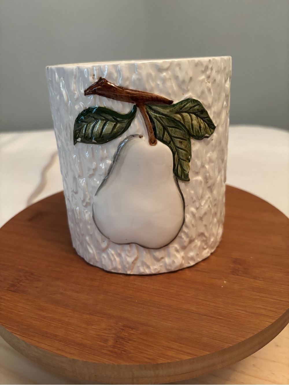 Vintage white ceramic canister, missing lid, pear design.